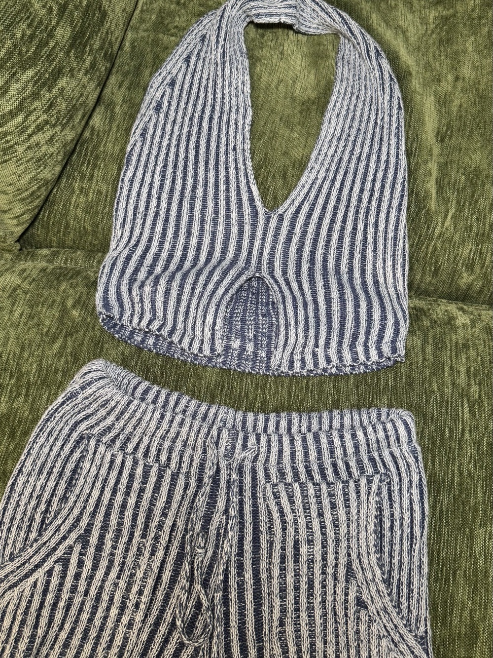 Striped Knit Halter Lounge Set in Navy and Cream